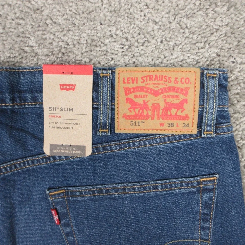 Levis Jeans Mens 38x34 Blue 511 Slim Straight Stretch Faded‎ Whisker Denim Pants